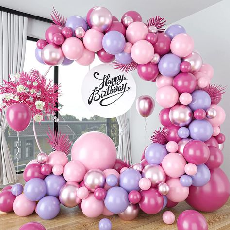 🎈Pink and Purple Balloons Garland Kit🎈You will get 107pcs pink balloon garland arch kit.Package includes:2 x 18inch Balloons (retro peach*1,pink*1) ,70 x 10inch Balloons(retro peach*25,pink*25,macaron purple*10,metallic pink*10), 30 x 5inch Balloons (retro peach*10,pink*10,macaron purple*5,metallic pink*5), balloons strip 1pc, adhesive tape 3pc,ribbon 1pc. 🎈Premium Material🎈 Our pink balloons are made of natural latex. ach of these retro peach latex balloons is in a brighter color and 20% th Banner Rosa, Pink Purple Party, Balloons For Baby Shower, Purple Party Decorations, Pink Latex, Pastel Birthday, Paris Theme Party, Simple Birthday Decorations, Sprinkle Party