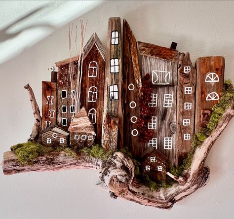 Natural Driftwood Cottage Village #woodsculpture #decor #handmade #homedecor #gift #contemporary #craft #wallart #walldecor #wallhanging #beachvibes #cottage #beachhouse Driftwood Art Sculpture, Nautical Interior, Village Street, Wood Things, Coastal Village, Gifts 2023, Wood Crafting, Miniature Models, Cottage In The Woods