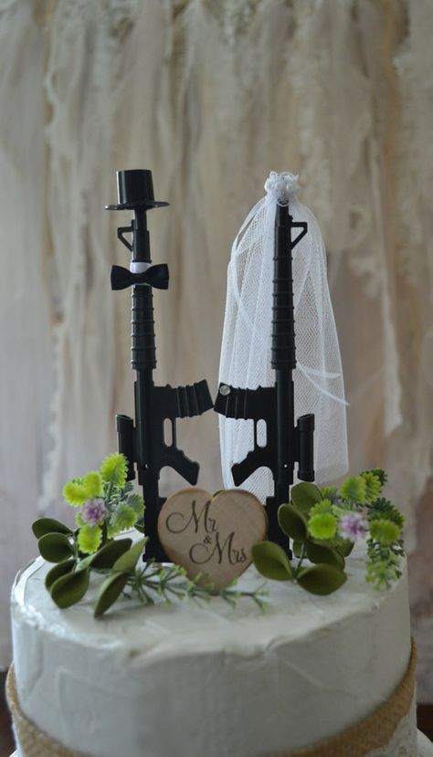 Machine gun weapon wedding cake topper army police themed Marine Corps Wedding Cake, Army Wedding Ideas Decoration, Shotgun Wedding Ideas, Police Themed Wedding, Police Wedding Ideas, Army Wedding Ideas, Army Wedding Colors, Usmc Wedding Ideas, Marines Wedding