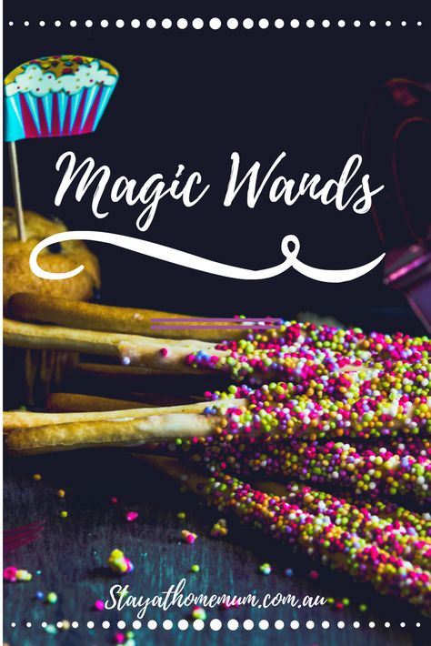 These simple little ‘Magic Wands’ are a simple idea for a kids birthday party or a fancy after-school snack that is super naughty.  They only take minutes to put together and look so pretty.  If you aren’t a fan of breadsticks, you can also use pretzel sticks. Magic Party Food, Pretzel Wands, Ben 10 Birthday Party, Ben 10 Birthday, Fairy Tea Parties, Stay At Home Mum, Magic Party, Magic Wands, Bbq Food