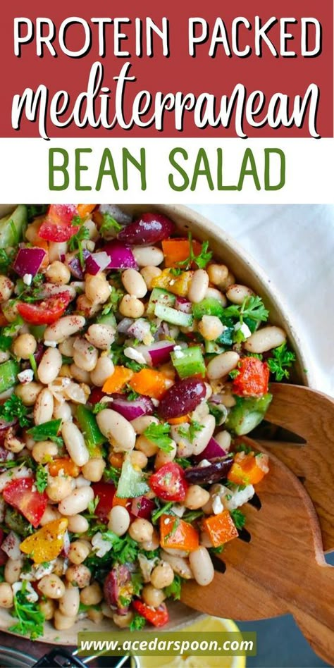 Looking for a light yet satisfying dish? Try this Mediterranean Bean Salad recipe that is loaded with protein-rich chickpeas, white beans, and crumbled feta cheese. The salad is topped with Mediterranean vegetables and a tangy and refreshing lemony dressing that will leave you craving for more. This salad works wonders as a side dish to any meal, or you can enjoy it as a hearty lunch with pita bread and creamy hummus. Mediterranean Veggies, Mediterranean Bean Salad, Mediterranean Vegetables, Mediterranean Diet Food List, Mediterranean Recipes Healthy, Bean Salad Recipe, Mediterranean Diet Recipes Dinners, Hearty Lunch, Mediterranean Diet Meal Plan