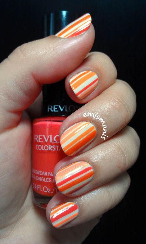 Nail art with vertical orange stripes on a cream background, using: OPI My Vampire is Buff, Julep Marjorie and Saaya, Revlon Marmalade, Zoya Arizona, and American Apparel Neon Coral. Blog link: http://emismanis.wordpress.com/2014/08/05/orange-and-cream-vertical-stripes/ Stripes Nails, Sunset Nails, Summer Gel Nails, Striped Nails, Vertical Lines, Neon Coral, Cream Background, Marmalade, Vertical Stripes