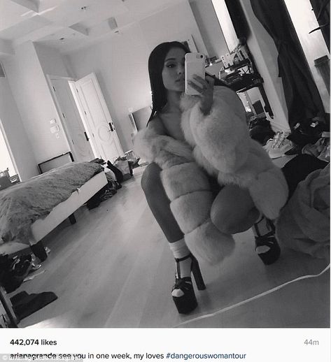 'my loves': Ariana Grande uploaded an Instagram mirror selfie on Friday plugging her Dangerous Woman Tour, which begins next Thursday in Phoenix Ariana Grande, We Heart It, A Woman, Lost, Mirror, Heels, Instagram