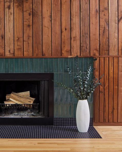 Re:model Midcentury Fireplace, Midcentury Modern Fireplace, Walnut Paneling, Tile Architecture, Heath Ceramics Tile, Mid Century Modern Fireplace, Mid Century Fireplace, Ceramics Tile, Design Fireplace