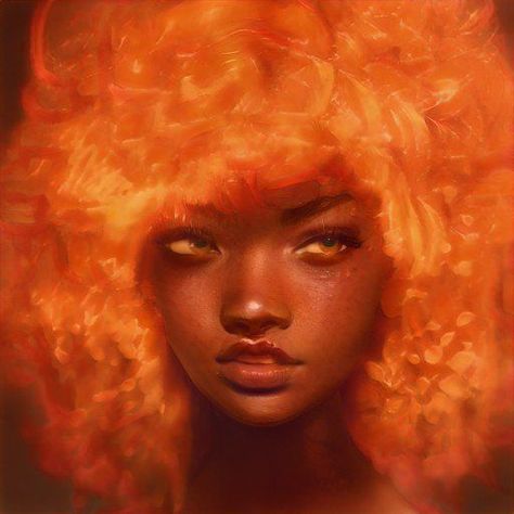 Lava Hair Drawing, Fire Genasi Woman, Dark Skin Red Hair Character Art, Fire Genasi Barbarian, Hair Drawing Black, Fire Hair Art, Fire Hair Drawing, Black Woman Red Hair, Red Hair On Dark Skin