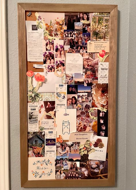 Cork board collage ~ college dorm room aesthetic ~ cottage core ~ high school memories Photo Collage Board Ideas, Corkboard Ideas For Pictures, Cute Cork Board Ideas, Cork Board Picture Collage, Resolutions Aesthetic, Aesthetic Cork Board Ideas, Corkboard Aesthetic, Cork Board Aesthetic, Aesthetic Cork Board