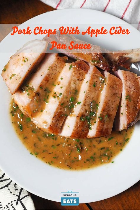 Juicy pork chops in an easy apple cider pan sauce. Pork Chops With Apple Cider, Pork Chops Juicy, Sous Vide Pork Chops, Apple Cider Sauce, Pork Chop Sauce, Oven Pork Chops, Sous Vide Pork, Apple Pork Tenderloin, Pork Sauce