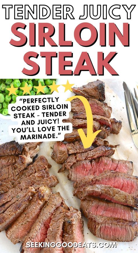 This succulent sirloin steak recipe is easy to make and super flavorful, resulting in tender and juicy steaks! You'll love the simple salty and savory marinade with a tiny kick of hot sauce. Sirloin steaks are relatively lean compared to other steaks and low in carbs, sugar-free, gluten-free, paleo, and keto - they're 100% delicious! Marinate your steaks beforehand, and you'll have the perfect easy dinner for busy weeknights! Top Sirloin Marinade, Marinade For Sirloin Steak, Tender Sirloin Steak Recipes, Oven Sirloin Steak, Sirloin Tender Steak, Juicy Steak Recipe, Sirloin Steak Recipes Oven, Top Sirloin Steak Recipes, Tender Sirloin Steak