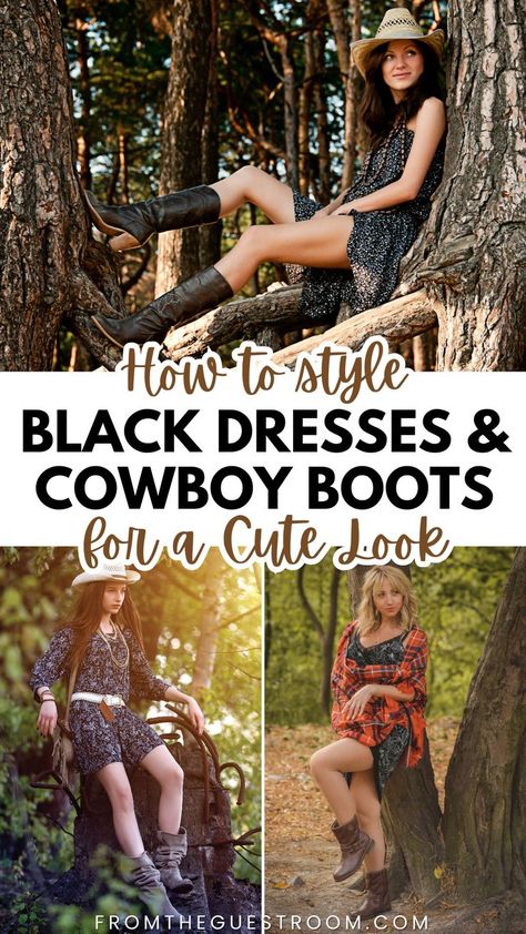 Party Dresses Western Short, Country Concert Outfit Night, Black Dress With Cowboy Boots, Women Date Night Outfit, Enchanting Outfits, Cute Black Dresses, Dresses And Cowboy Boots, Dresses To Wear With Cowboy Boots, Concert Outfit Night