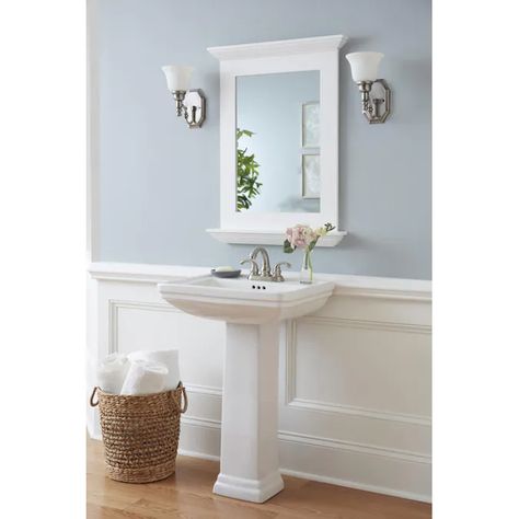 allen + roth AR Pedestal Sink Square White in the Pedestal Sinks department at Lowes.com Bathroom With Pedestal Sink, White Pedestal Sink, Bathroom Makeover Ideas, White Pedestal, 1/2 Bath, Pedestal Sinks, Allen Roth, Apartment Renovation, Pedestal Sink