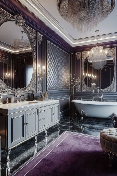 Indulge in luxury with this rich deep purple and silver color scheme. Fit for royalty, perfect for your private sanctuary. #LuxuryBathroom #PurpleAndSilver Purple Bathroom Ideas Decor, Purple Bathroom Ideas, Bathroom Purple, Art Deco Luxury, Elegant Bathrooms, Purple Bathroom, Royal Bathroom, Silver Color Scheme, Purple Bathrooms