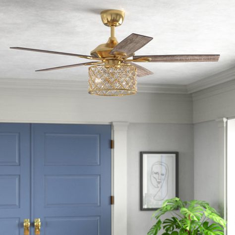 Kelly Clarkson Home Amboise 52" 5 - Blade Crystal Ceiling Fan with Remote Control and Light Kit Included | Wayfair Ceiling Fans With Chandelier Light, Bedroom With Ceiling Fan Ideas, Living Room Fans, Vintage Ceiling Fans, Brass Ceiling Fan, Random Decor, Gold Light Fixture, Crystal Ceiling Fan, Ceiling Fan Bedroom