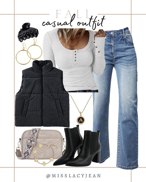 Comment CASUAL below to receive a DM with the link to shop this post on my LTK ⬇ https://liketk.it/4PlZf Casual fall outfit includes jeans, Henley top, puffer vest, crossbody bag, gold jewelry, hair clip, booties. Fall casual outfit, fall outfit, casual outfit, looks for less #ltkshoecrush #ltkstyletip #ltkfindsunder50 Henley Top Outfit, Puffer Vest Outfits, Casual Outfit Fall, Fall Outfit Casual, Puffer Vest Outfit, Casual Fall Outfit, Outfit Looks, Jewelry Hair, Henley Top