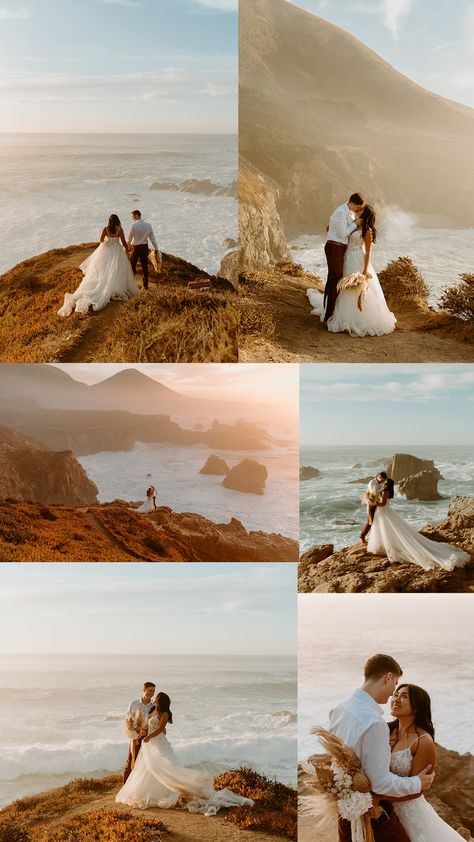 Elopement Ideas Pictures, Wedding Picture Locations, Beach Cliff Wedding Photos, California Elopement Photos, Big Island Elopement, Sunrise Elopement Beach, California Engagement Shoot, Intimate Wedding Destinations, Destination Wedding Photoshoot