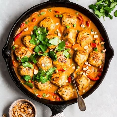 One Pan Ginger Chicken Meatballs with Peanut Sauce | Ambitious Kitchen Thai Chicken Meatballs With Peanut Sauce, Ginger Chicken Meatballs, Meatballs Chicken, Rice Cauliflower, Quinoa Sweet Potato, Honey Roasted Peanuts, Gluten Free Soy Sauce, Ambitious Kitchen, Ginger Chicken