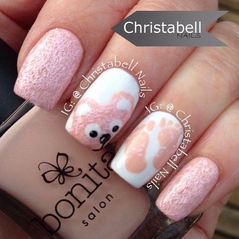 baby nails Gender Nails, Teddy Bear Nail Art, Reveal Nails, Bear Nail Art, Shower Nails, Gender Reveal Nails, Baby Shower Nails, Nails Styles, Nail Designs Pictures