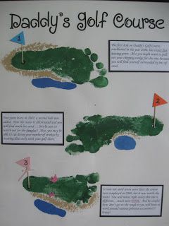 Father's Day golf course footprint art- I love her descriptions for each hole describing each child as well. Golf Footprint, Golf Cards, Footprint Crafts, Diy Father's Day Gifts, Footprint Art, Handprint Crafts, Dad Birthday Card, Father's Day Diy, Dad Day