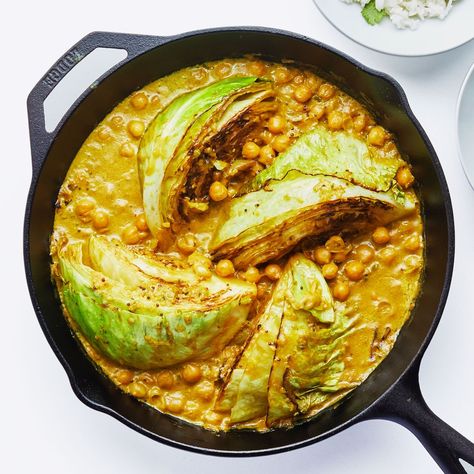 Turmeric and Coconut-Braised Cabbage With Chickpeas Recipe | Bon Appétit Bon Appetit Recipes Dinners, Beans Main Dish, Chickpea Cabbage, Braised Chickpeas, Braised Cabbage Recipes, Cabbage Coconut Milk, Cabbage Chickpea, Chickpea And Tofu Curry, Chickpea And Kale Curry