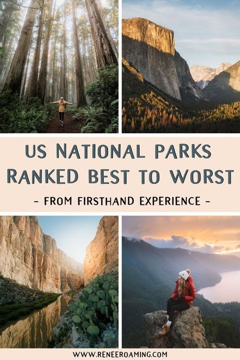 Find out the best to worst ranked US National Parks by someone who has been to every single one of them! By Renee Roaming, who took an epic 7 month national parks road trip in 2017. Will it be the Grand Canyon, Yosemite or Mount Rainier who make it to the top of the list? Or maybe some lesser known parks? Click here to find out! #NationalParks #Yosemite #Redwood #BigBend #Olympic Best National Parks In The Us, Out West Road Trip, Renee Roaming, Incredible Photography, Montana National Parks, Best National Parks, American National Parks, National Park Vacation, National Park Road Trip