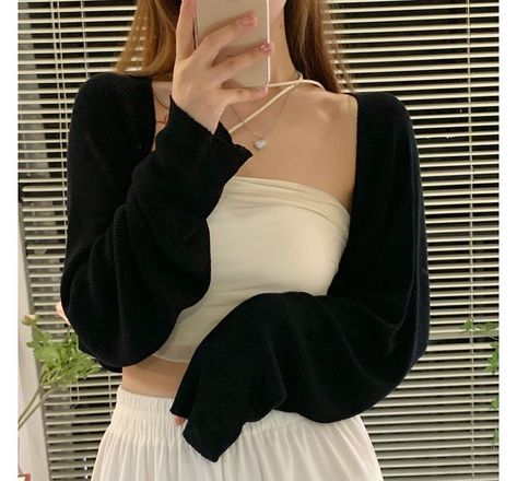 Knitted Cropped Cardigan, Summer Korean Fashion, Black Knitwear, Casual Midi Dress, Summer Long Sleeve, Midi Dress Elegant, Knitting Women Cardigan, Shah Alam, Cropped Cardigan Sweater