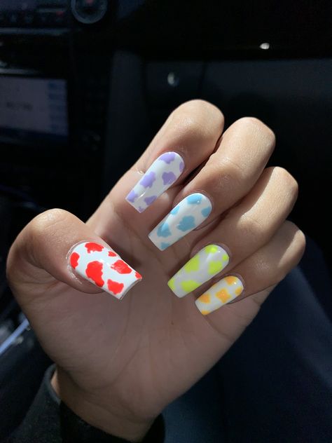 Cow nails,Acrylic coffin, Rainbow Cow Nails, Cow Nails Acrylic, Teal Cow Print, Nails Xmas, Spring Nails 2023, Spring Nail Ideas, Nails Acrylic Coffin, Simple Spring Nails, April Nails