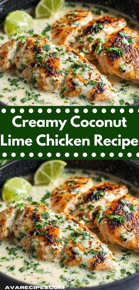 This Creamy Coconut Lime Chicken is a comforting dish that combines succulent chicken with a creamy coconut sauce and a hint of lime. It’s quick to prepare and full of flavor. Coconut Lime Sauce, Creamy Coconut Sauce, Lime Chicken Breast, Lime Marinade For Chicken, Lime Chicken Recipes, Coconut Lime Chicken, Cilantro Chicken, Coconut Sauce, Chicken Breast Seasoning