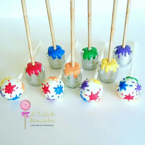 Paint splatter and paint can cake pops for paint party Art Party Cake Pops, Paint Cake Pops, Paint Party Cake Pops, Pop Art Party Decoration, Artists Cake, Paintball Cupcakes, Crayola Birthday Party, Art Party Cakes, Art Party Decorations