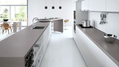 Caesarstone sleek concrete with white cabinets: Online Kitchen Design, Kitchen Design Software, Caesarstone Kitchen, Calacatta Nuvo, Kitchen Tools Design, Malibu Home, Kitchen Glass, Diy Backsplash, Kitchen Floor Tile