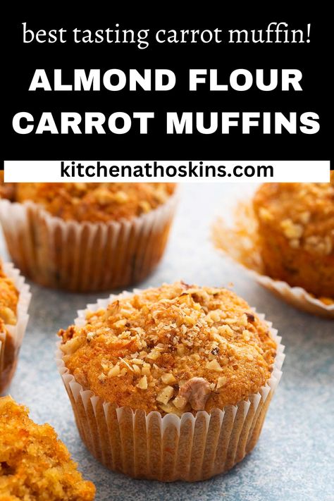 Almond Flour Carrot Muffins are ultra soft with a tender crumb and loaded with finely grated carrots, walnuts and raisins. A simply irresistible gluten free and dairy free muffin recipe! Gf Carrot Muffins, Almond Flour Carrot Cake Muffins, Almond Flour Carrot Muffins, Almond Flour Sugar Free Recipes, Carrot Pulp Muffins, Gluten Free Carrot Muffins, Banana Yogurt Muffins, Carrot Cupcake Recipe, Almond Flour Blueberry Muffins