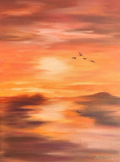 Warm Color Painting, Orange Sky Painting, Orange Painting Ideas, Warm Painting, Sunset Art Painting, Orange Paintings, Drawing Sunset, Sunset Paintings, Sunset Colours