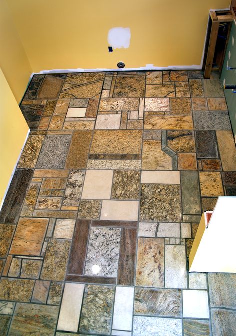 granite counter-top recycled scrap tile kitchen floor. Gorgeous. Granite Remnants, Recycled Granite, Outdoor Kitchen Countertops, Recycled Tile, Granite Countertop, Granite Flooring, Flooring Trends, Granite Countertops Kitchen, Top Ideas