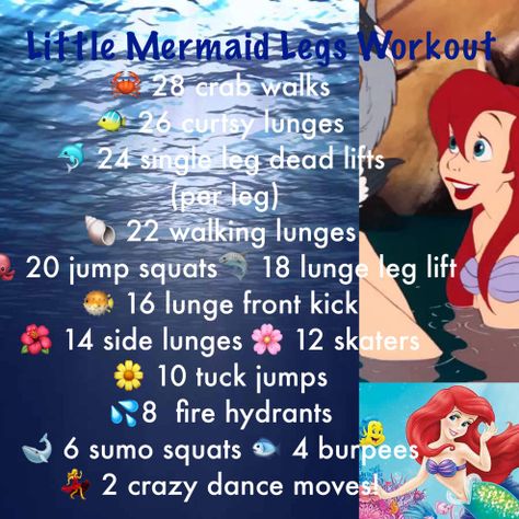 Little mermaid workout Disney Workout Challenge, Mermaid Twist Workout, Ariel Workout, Mermaid Workout, Superhero Workouts, Swimming Ideas, Disney Workout, Princess Workout, Movie Workouts