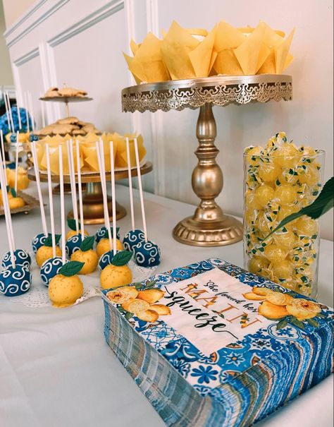 Lemon Dessert Table, Limoncello Themed Party, Amalfi Coast Bachelorette, Lemon Themed Bridal Shower, Kitchen Bridal Shower, Friday Wedding, Bridal Shower Desserts, Italian Party, Dinner Party Decorations