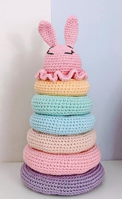 Crochet Amigurumi Rabbit - Bunny toy - Montessori stacking toy - Baby nursery - Gift Stackable crochet toy pattern #stackablecrochettoypattern #crochet #crochettoy #crochettoys 1.937 Crocheted Rainbow, Colored Rings, Cow Toys, Amigurumi Rabbit, Crochet Baby Gifts, Diy Crochet Patterns, Crochet Cow, Halloween Toys, Nursery Gift