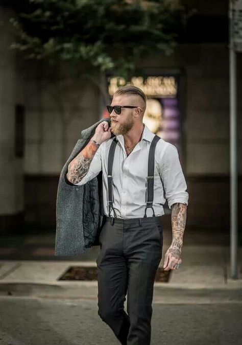 Men Outfit With Suspenders, Groom Suspenders Wedding, Suit With Suspenders, Edgy Tattoos, Outfits With Suspenders, Charcoal Wedding, Groom Suspenders, Suspenders Outfit, Pirate Wedding