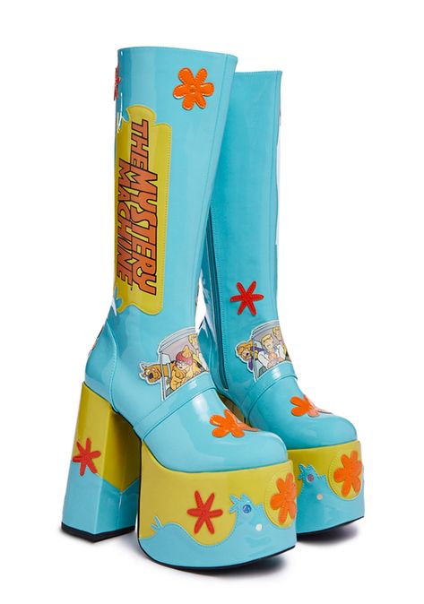 Scooby Doo Boots, Yellow Platform Boots, Gogo Boots With Jeans, Doll Kill Shoes, Cool Custom Shoes, Scooby Doo Merchandise, Outfits With Platform Heels, Scooby Doo Inspired Outfits, Scooby Doo Shoes