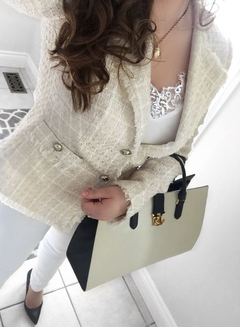 Cream Tweed Blazer Outfit, White Tweed Blazer Outfit, Tweed Blazer Outfit, Form Outfits, Sixth Form Outfits, Sam Edelman Heels, Sixth Form, Chanel Jacket, Chanel Inspired