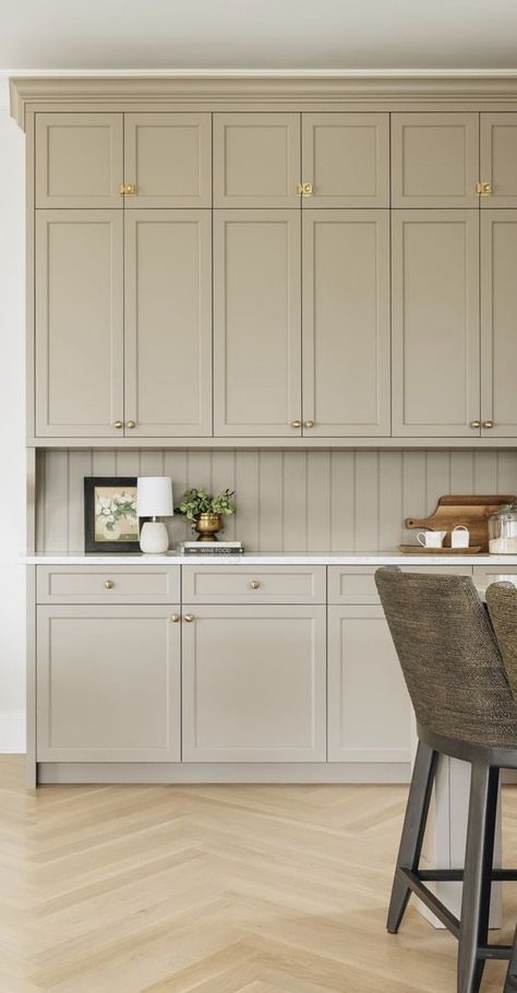 Earthy Tone Kitchen Cabinets, Green Taupe Kitchen Cabinets, Kitchen Design Beige Cabinets, Kitchen Cabinet Color Ideas Neutral, Kitchen Side Cabinet Ideas, Muted Sage Kitchen Cabinets, Pashmina Benjamin Moore Cabinets, Almond Beige Kitchen, Oatmeal Cabinets Kitchens