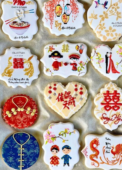 Chinese Wedding Dessert, Chinese Wedding Cookies, Vietnamese Wedding Decorations, Chinese Wedding Cake, Macaroons Wedding, Cny Craft, Sangjit Decoration, Vietnamese Tea Ceremony, Chinese Wedding Photos