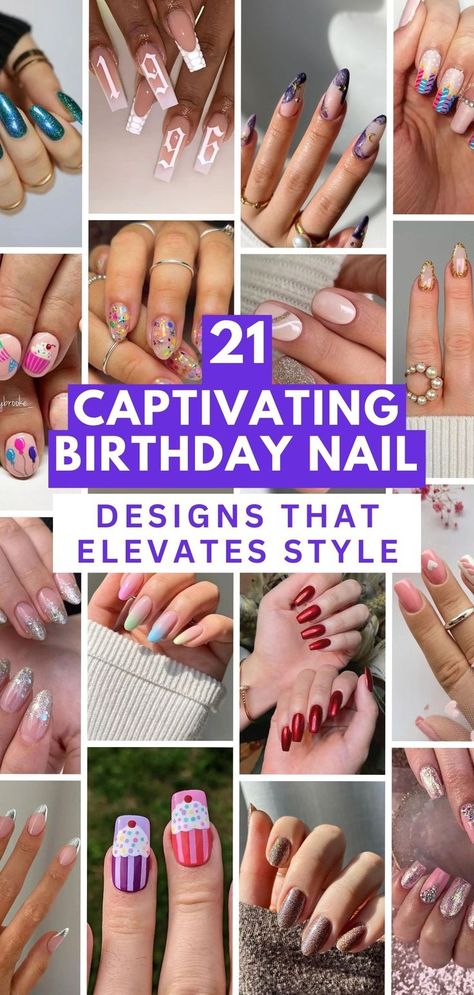 Discover 21 nail art inspirations for your special day! Whether you prefer subtle elegance or vibrant celebrations, these designs will add that extra touch of glamour to your birthday look. Get inspired for a fabulous birthday celebration! 💅🎉 #BirthdayNailInspirations #SpecialDayNailArt #NailFashion #BeautyInspo #CelebrationNails #TrendyManicure #NailArt Fun Summer Birthday Nails, 35th Birthday Nails, 60th Birthday Nail Designs, September Birthday Nail Ideas, Birthday Cake Nail Art, Birthday Nails Art Designs, 40th Birthday Nails Design, June Birthday Nails, Elegant Birthday Nails