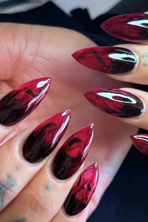 25 Striking Stiletto Nail Designs for the Dark and Daring Gothic Glam | Polish and Pearls Vampire Fingernails, Devil Nails Halloween, Blood Nails Acrylic, Vampire Acrylic Nails, Red Gothic Nails, Halloween Nails Vampire, Halloween Nails Bats, Bat Nail Designs, Vampire Nails Designs