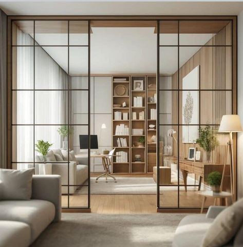 Glass Door Study Room, Room Divider Doors Partition Walls, Glass Dividing Wall, Wood Door With Glass Design, Glass Room Dividers Ideas, Small Partition Design, Wood Divider Wall Interior Design, Living Room Divider Ideas Wall Dividers, Room Partition Designs Wall Dividers