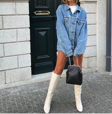 83e8ef518174e1eb6be4a0778d050c9ddesc40411933ri Denim And Boots Outfit, Look Working Girl, White Knee High Boots, White Boots Outfit, White Boots, Looks Chic, Mode Inspo, Outfit Goals, Looks Style