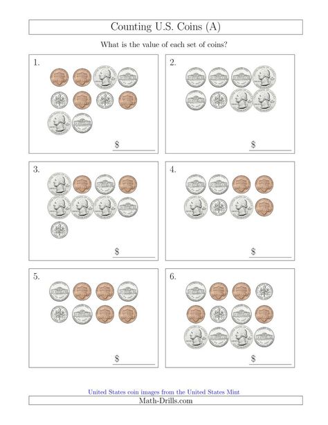 The Counting U.S. Coins (A) Math Worksheet from the Money Worksheets Page at Math-Drills.com. Coins Worksheet, Kindergarten Money Worksheets, Counting Coins Worksheet, Money Kindergarten, Identifying Coins, Counting Money Worksheets, Money Math Worksheets, Teaching Money, First Grade Math Worksheets