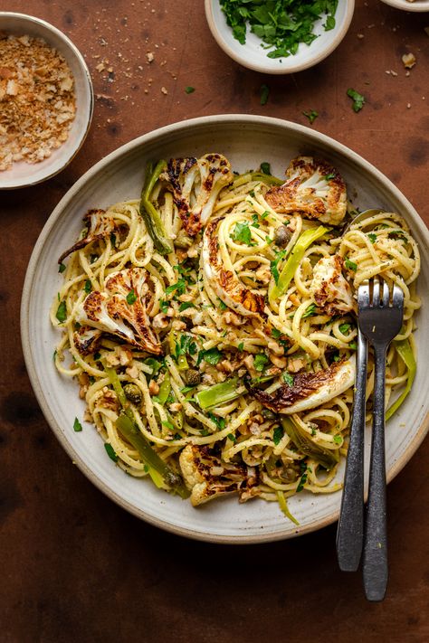 Roasted leek and cauliflower pasta - Lazy Cat Kitchen Roasted Leeks, Lazy Cat Kitchen, Cauliflower Pasta, Creamed Leeks, Cat Kitchen, Linguine Pasta, Lazy Cat, Leeks, Couscous