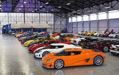 Out of the rain: One supercar fan dressed as Top Gear's The Stig stands in the middle of the fleet as they are lined up inside a hanger Luxury Car Garage, Luxury Cars Rolls Royce, Dream Car Garage, Luxury Garage, Car Museum, Ferrari F40, Car Showroom, Big Car, Super Luxury Cars