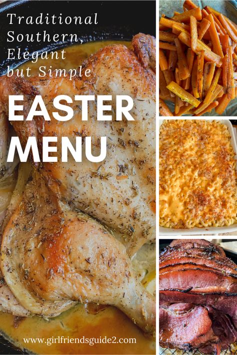 Traditional Southern, Elegant and Simple, Easter Menu of roast chicken, ham, roast carrots and macaroni and cheese with a little twist Easter Day Food Ideas, Southern Easter Dinner Menu Ideas, Easter Menu Dinner Southern Style, Easter Menu Dinner, Traditional Easter Dinner Menu Ideas, Easter Lunch Menu Ideas, Easter Buffet Ideas Food, Southern Easter Dinner, Southern Easter Menu