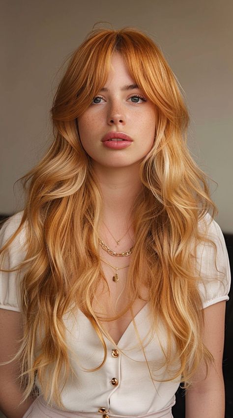 Strawberry blonde hair offers a perfect balance of red and blonde hues that beautifully complement various hair types. This versatile shade is eye-catching and different but still on-trend and fashionable for people of all ages. #red #hairstyles Ginger Hair With Blonde Curtain Bangs, Strawberry Blonde Long Hair, Strawberry Blonde Bangs, Strawberry Blonde Curtain Bangs, Strawberry Blonde Shag, Curtain Bangs Red Hair, Blonde Copper Hair, Peach Blonde, Red And Blonde