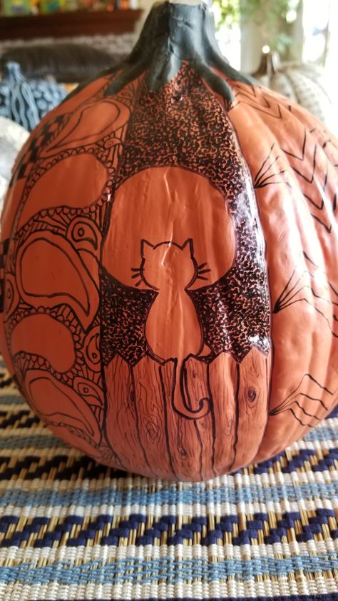 Kitty Pumpkin Doodle Zen Tangle Pumpkins, Cat Pumpkin Drawing, Pumpkin Cat Drawing, Zentangle Pumpkins Art, Paisley Pumpkin, Doodles, Kitty