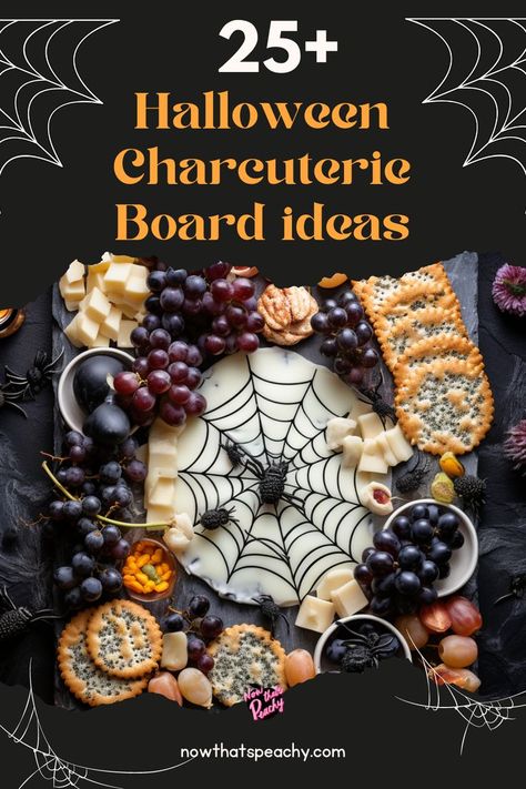 Spiderweb Halloween Dip anyone? Get inspired to make elegant Halloween Party Charcuterie Platter Boards that your guests will love! 
Simple to make with fruits, cut vegetables, cracker biscuit varieties, different dip flavours and cured meats like salami, chorizo, pork & cooked sausages. Add cheeses and wine to create the ultimate adult snack grazing tables Elegant Halloween Charcuterie Board, Vampire Themed Charcuterie Board, Halloween Fondue Party, Smores Board Halloween, Halloween Cheese Charcuterie Board, Elegant Fall Charcuterie Board, Witches Charcuterie Board, Gothic Halloween Party Food, Simple Elegant Charcuterie Board